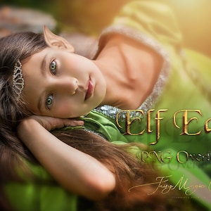 May include: A young person with long brown hair wearing a green and silver dress and a tiara, with pointed elf ears. The image is titled "Elf Ears PNG Overlays" and "Fairy Magic Chest".
