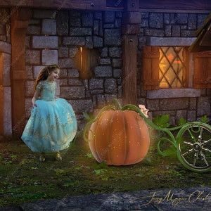 Cenicienta de fondo digital / telón de fondo para fotografía. Calabaza mágica convirtiéndose en un carruaje. Fotografía compuesta para niños