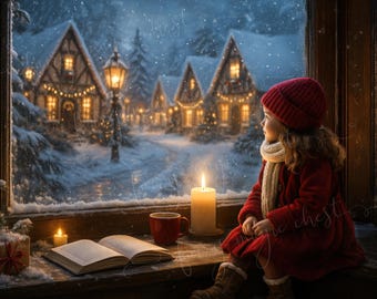 Cozy Christmas Window Background , Snowy Village Winter Scene Digital Backdrop, Instant download