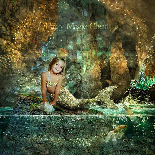 Mermaid digital background and iridescent tail . digital backdrop and Overlay for photography . cave , underwater view