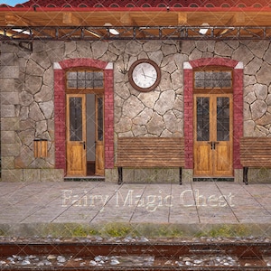 May include: A rustic stone train station with a red tiled roof, two wooden doors, and a clock on the wall. There are two wooden benches in front of the doors and a set of train tracks in the foreground.
