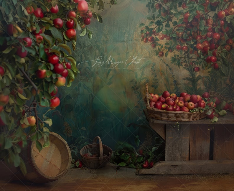 May include: A rustic wooden table with a basket of red apples, surrounded by green foliage and a wooden barrel. The background features a painted mural of a tree with red apples.