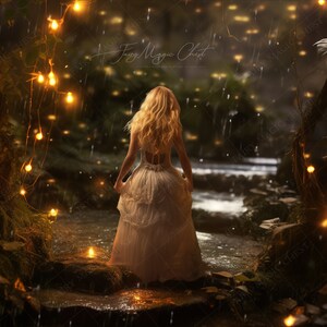 May include: A woman in a white dress stands in a forest with a stream running through it. The trees are lit with string lights and there are fireflies in the air. The image has the text "Fairy Magic Chic" in the upper center.
