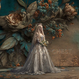 Puede incluir: Una mujer con un vestido blanco y una corona de flores se encuentra frente a un fondo azul verdoso y marrón con diseños florales. La mujer sostiene un ramo de flores.