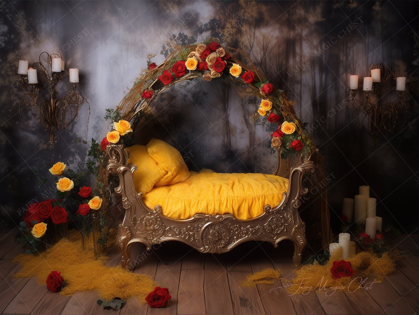 Newborn Princess Digital Backdrop: Floral Crib, Red and Yellow Roses ...