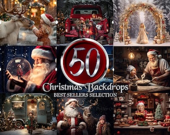 Christmas Digital Backdrops: Santa, Cabins, Snow Scenes (JPEG, PNG)