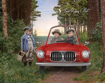 Retro Red Car Digital Background: Vintage Photography Backdrop (JPG)