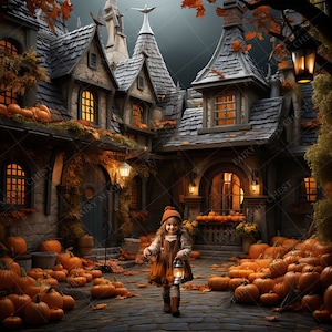 Enchanting Autumn Digital Background: Old Houses and Pumpkins. Halloween. Fall Digital Backdrop for Photography. Instant download.