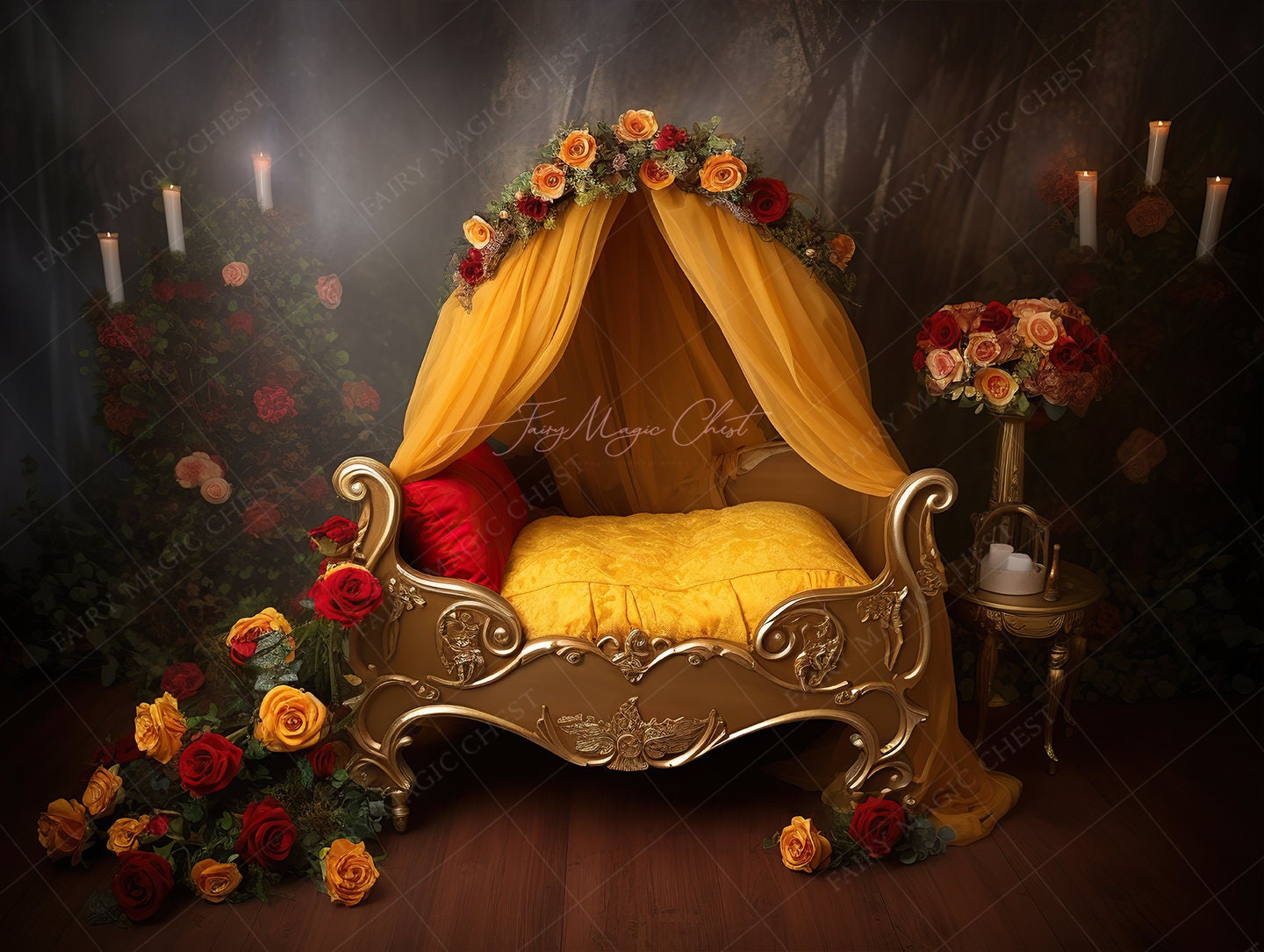 Newborn Digital Background , baby girl crib for princess, fairy tale bed, red and yellow roses, digital backdrop, for newborn photography