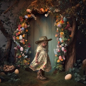 Easter Digital Background , vintage door and Easter eggs, for Composite photography