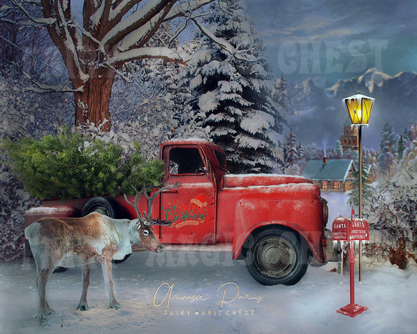 Christmas Red Truck With Tree Digital Background / Backdrop Etsy