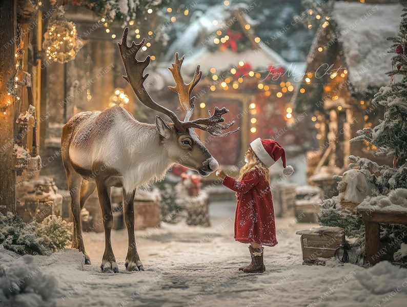 May include: A young girl in a red Santa hat and red dress stands in front of a reindeer. The reindeer is brown and white and has large antlers. The girl is holding out her hand to the reindeer. The scene is set in a winter wonderland with snow on the ground and Christmas lights in the background.