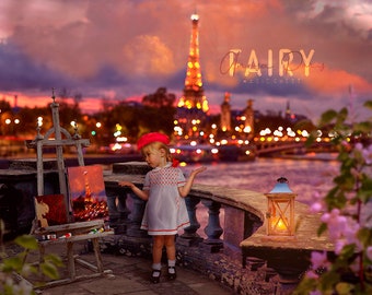 Paris digital background, digital backdrop photography , balcony, romantic,  with and without easel, for wedding, valentine and children