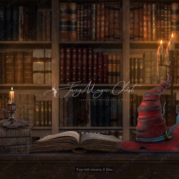 Wizard Apprentice digital background and table overlay png. Old library.