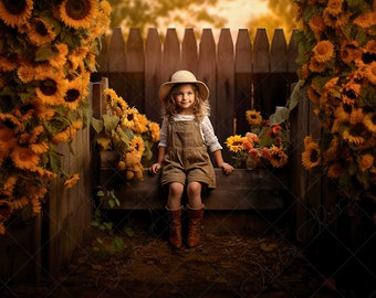 Digital Backdrop for Photography. Rustic Wooden Corner with Sunflowers. Digital Background Photoshop. Instant download