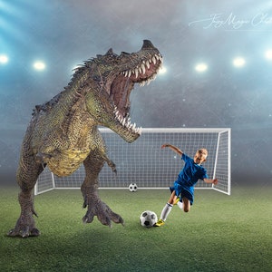 Dinosaur playing football , digital background, digital backdrop for composite photography and photoshop, add your model