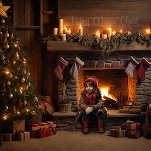 May include: A young girl sits by a fireplace in a rustic cabin, wearing a red hat and a scarf. The fireplace is decorated with stockings and candles. A Christmas tree is in the foreground, decorated with ornaments and lights. The text "Fairy Magic Chest" is visible above the fireplace.
