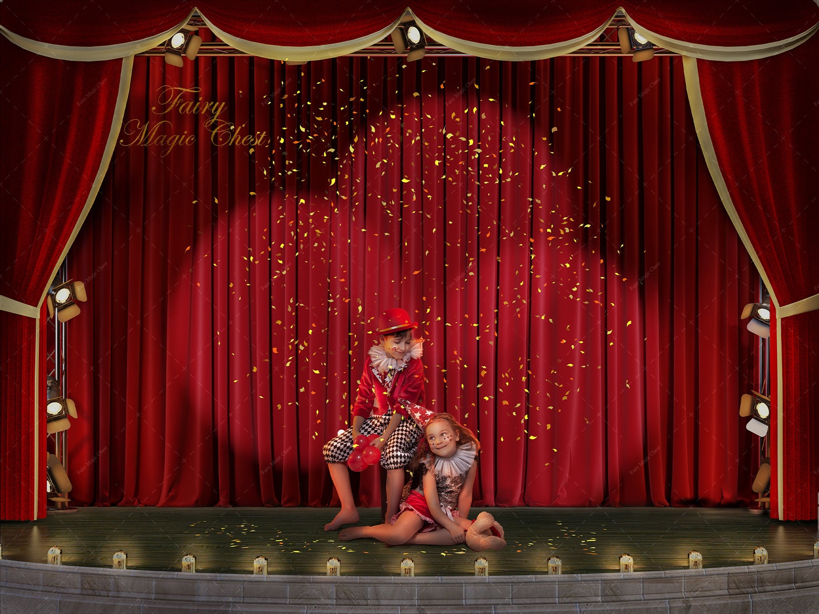 Digital backdrop of a Theatre Stage with Curtains and confetti Etsy