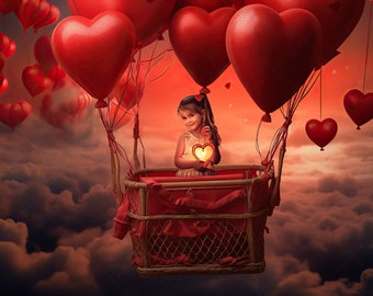 Valentine&#39;s Day Hot Air Balloon Digital Backdrop for photography / Digital Background for photography and Photoshop. Instant download.