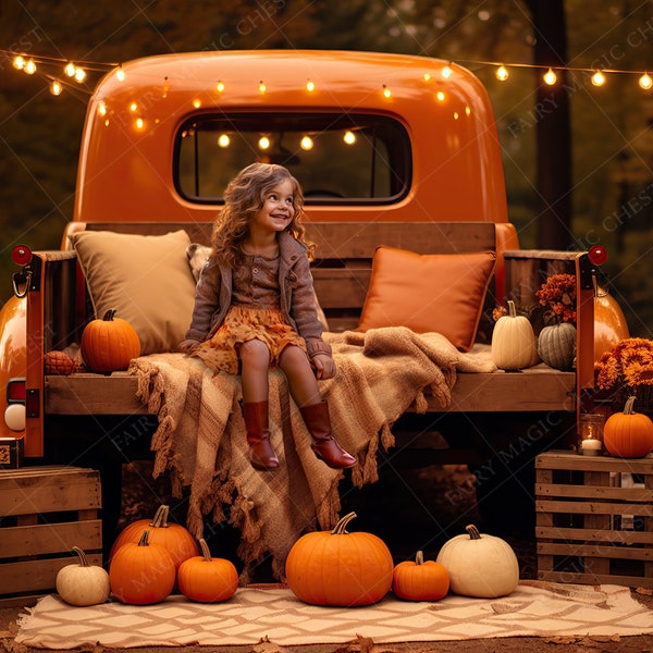 Autumn Digital Background. Orange truck and pumpkins. Fall Digital Backdrop for Photography. Instant download.