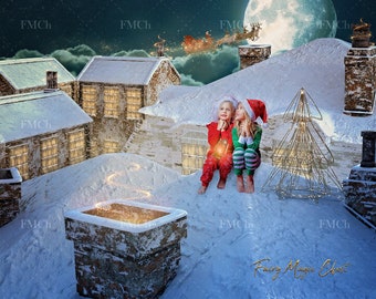 Christmas digital backdrop / bacground, rooftops and chimneys, Christmas night