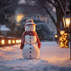 Christmas Night digital background, Snowman on the Sidewalk, Christmas Digital Backdrop for Photography. Snowy, Winter. Instant download.
