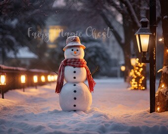 Snowman Christmas Night Digital Backdrop: Winter Photography (Instant Download)