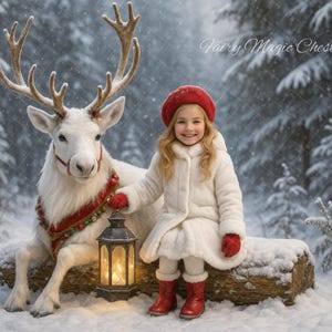 Peut inclure: Une jeune fille vêtue d'un manteau blanc, d'un chapeau et de bottes rouges est assise sur une bûche enneigée à côté d'un renne blanc. Elle tient une lanterne avec une bougie allumée. En arrière-plan, une forêt enneigée.