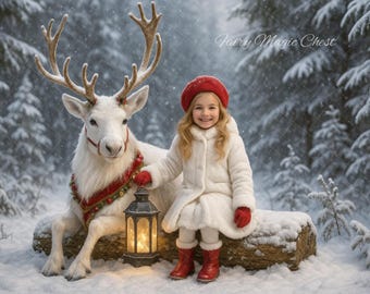 White Reindeer Christmas Digital Background – Winter Forest Scene with Lantern, Snowy Digital Backdrop
