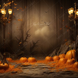 May include: A Halloween scene with two antique-style lampposts with glowing lights, set against a backdrop of a dark forest with bare branches. The scene is decorated with orange pumpkins of various sizes, scattered on the ground, creating a festive and spooky atmosphere.