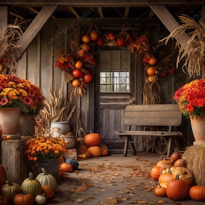 Autumn Digital Background / Backdrop for Photography. Barn. Rustic, decorated with pumpkins.