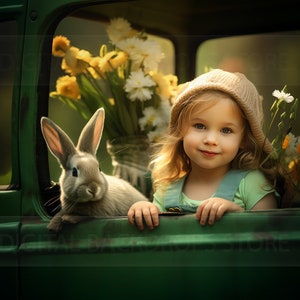 Digital backdrop bunny peeking through the window of an old vintage car. Digital background. Instant download.