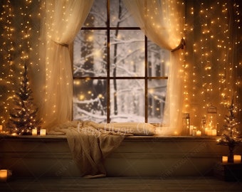 Christmas Window Digital Backdrop: Golden Glow, Winter Scene (Instant Download)