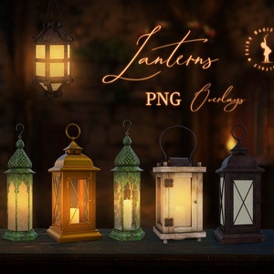 Lanterns PNG Overlays. Lamps glowing, lighted and without light. Separated png files on transparent background. Digital Overlays.