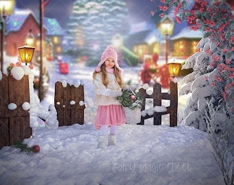 Christmas Town Digital Backdrop: Snowy Photography Background (Digital Download)
