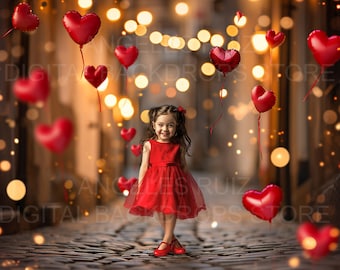 Valentine&#39;s Day Digital Backdrop, Digital Background, Vintage Cobblestone Street, with Lights and Floating Balloons Hearts. Instant download