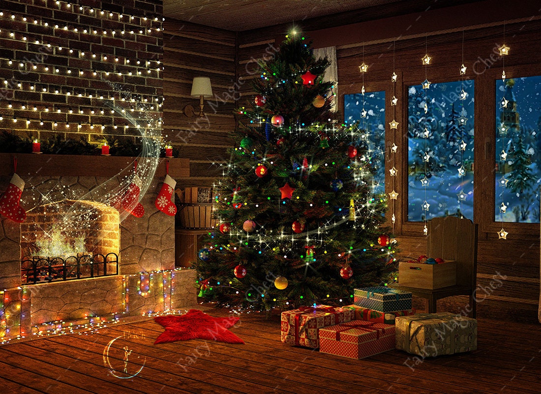 クリスマスツリーの暖炉デジタル背景：魔法の輝き（デジタル