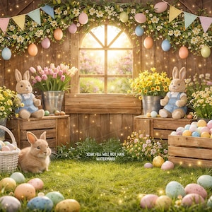 May include: An Easter-themed scene with a wooden backdrop, featuring a bunny, baskets, and colorful eggs. The scene includes flowers, decorative eggs, and two stuffed bunnies. A wooden crate is filled with pastel-colored eggs.