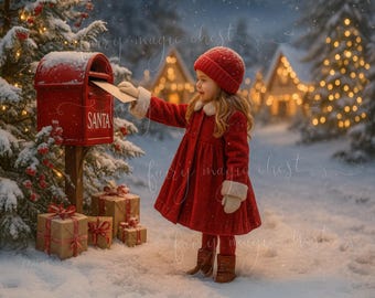 Santa Mailbox Christmas Background , Snowy Village Digital Backdrop with Gifts and Lights (Instant Download)
