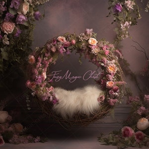 Newborn Floral Swing Digital Backdrop / Background.  Pink Roses. Baby Girl Bed. Prop for Photography Composite.