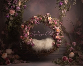 Floral Swing Newborn Digital Backdrop: Pink Roses Baby Bed (Digital Download)