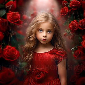 May include: A young girl with long blonde hair wearing a red dress stands in front of a wall of red roses.