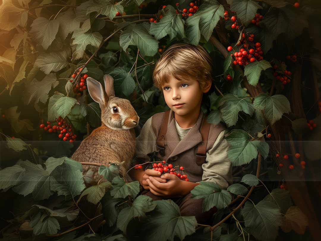 Photo Shop Rabit Digital Backdrop for Photography. Rabbit Surrounded by Green Leaves and ...