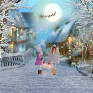 Christmas digital background, snow in the town, Santa sleigh flying. Bokeh back. Snow png overlay included.