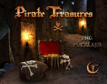 Pirate treasure chest , png overlay . various positions, different coins and flag aged and new