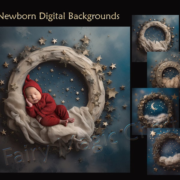 4 Newborn Digital Backgrounds. Digital Backdrops, Blue Sky With Clouds and Stars, Texturized, for Composite Photography. Baby Boy.