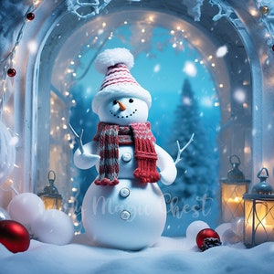 Snowman in the Christmas Night Digital Background , Magical Christmas Digital Backdrop for Photography. Snowy, Winter. Instant download.