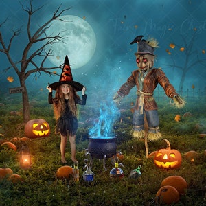 May include: A young girl dressed as a witch stands in a spooky forest setting with a scarecrow and a cauldron of bubbling blue liquid. Pumpkins and fall leaves are scattered around the scene. The text "Pumpkins" is on a sign in the background.