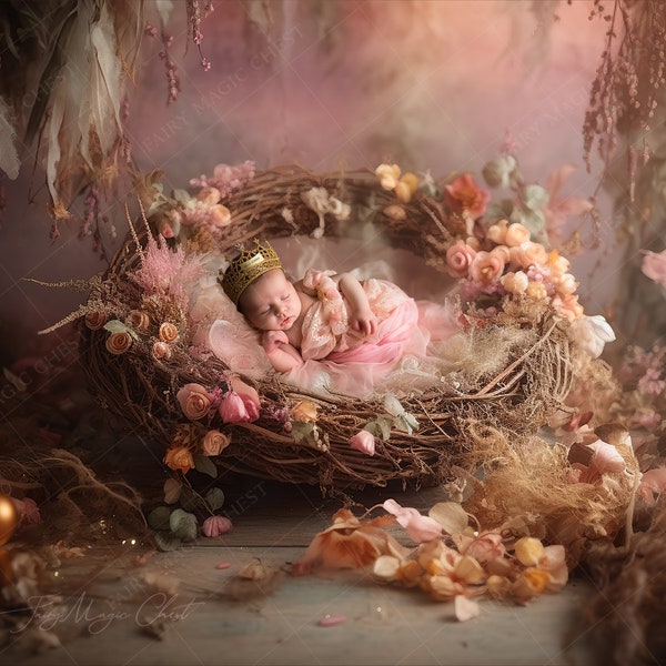 Newborn Digital Background Floral Nest, baby girl crib with flowers , digital backdrop, pink, for newborn composite photography.