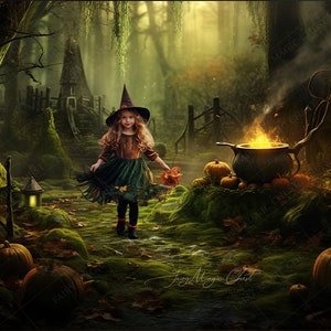 May include: A young girl dressed as a witch stands in a dark forest with a cauldron bubbling in the background. Pumpkins and a lantern are scattered around the scene.